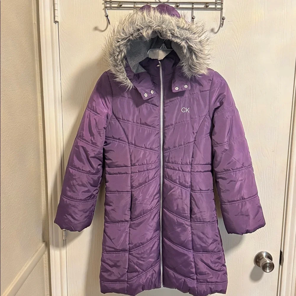 Calvin Klein Girls‎ Large 12/14 Ariel Puffer Coat Purple Full Zip Faux Fur Hood